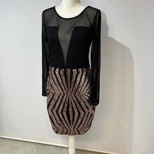 Mini Dress Sz L Black Gold Pink Long Sleeves Mesh Shadow Sequin Bottom NWT